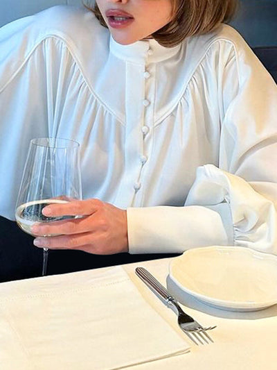 Long Sleeves Loose Buttoned Pleated Solid Color Split-Joint Stand Collar Blouses&Shirts Tops