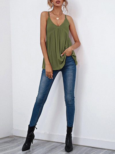 Sleeveless Pleated Solid Color Split-Joint Spaghetti-Neck Camis