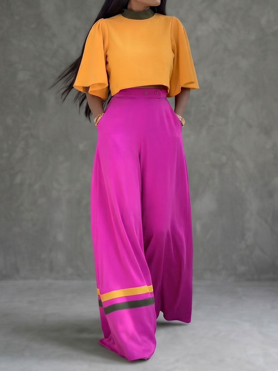 Cropped Flared Sleeves Contrast Color Pleated Stand Collar Blouses&Shirts Tops