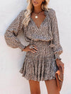 A-Line Long Sleeves Contrast Color Leopard Pleated Split-Joint Tied V-Neck Mini Dresses