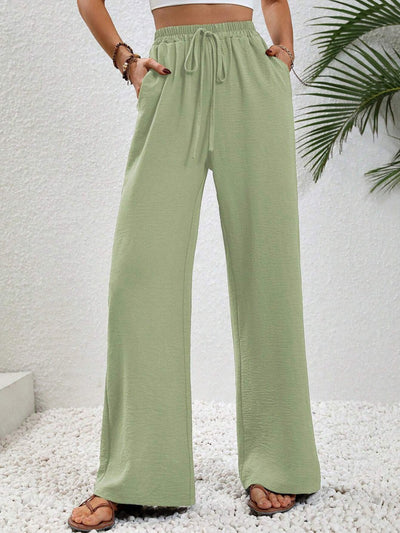 High Waisted Loose Elasticity Pleated Solid Color Tied Waist Pants Trousers