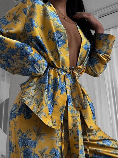 Loose Printed Split-Joint Deep V-Neck Lace-Up Blouse + Drawstring Elasticity Pants Trousers Two Pieces Set