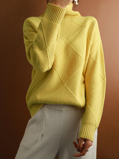 Casual Loose Solid Color Striped High-Neck Long Sleeves Sweater Tops