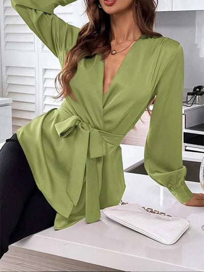 Loose Puff Sleeves Pleated Solid Color Split-Joint Tied Waist V-Neck Blouses&Shirts Tops