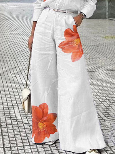 Long Sleeves Wide Leg Floral Printed Split-Joint Pants Trousers