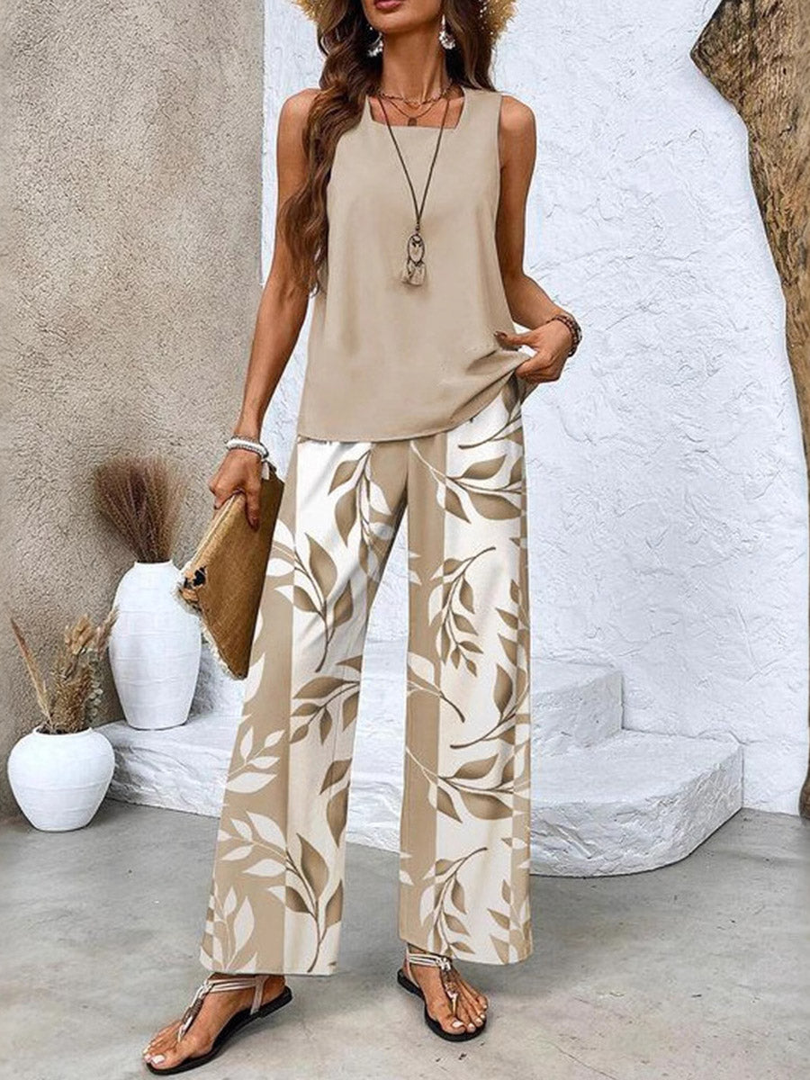 Loose Solid Color Square-Neck Tank Top +  Contrast Color Leaves Print Pockets High Waisted Trousers Pants Two Pieces Set
