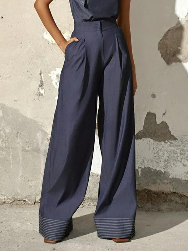 High Waisted Loose Pleated Split-Joint Jean Pants Bottoms
