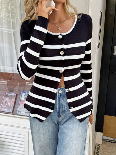 Long Sleeves Skinny Buttoned Contrast Color Split-Joint Striped Round-Neck Cardigan Tops Outerwear