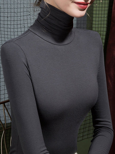 Long Sleeves Plus Size Solid Color Split-Joint High Neck T-Shirts