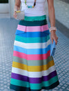 A-Line Loose Belted Contrast Color Split-Joint Striped Skirts Bottoms