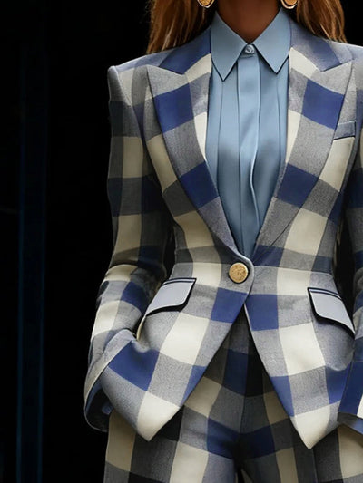 Long Sleeves Loose Buttoned Contrast Color Plaid Pockets Notched Collar Blazer Outerwear