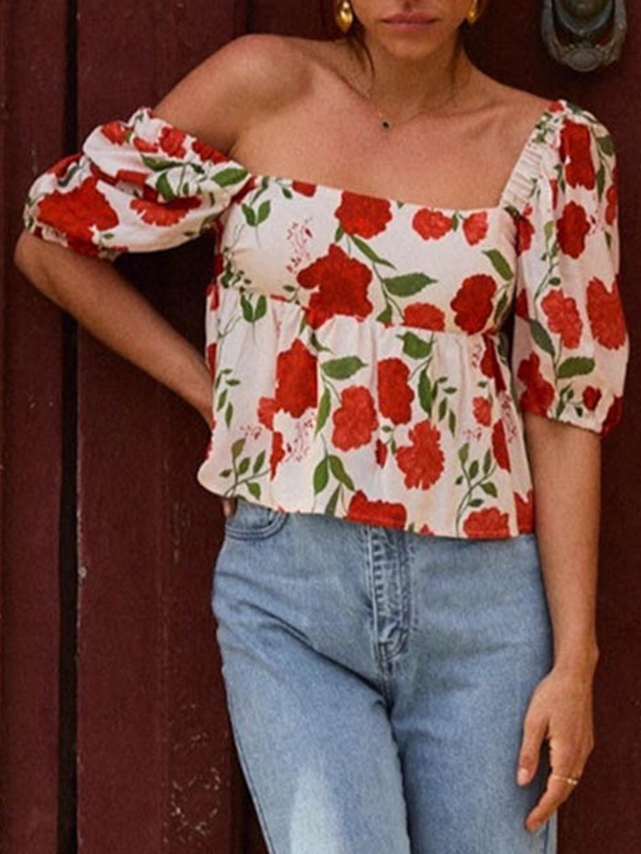 Loose Short Sleeves Backless Bow-Embellished Contrast Color Flower Print Pleated Split-Joint Square-Neck Blouses&Shirts Tops