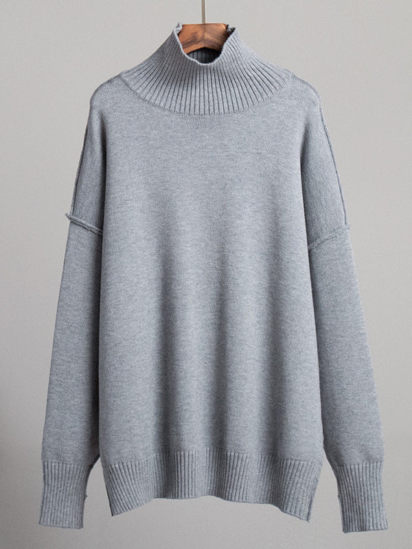 Long Sleeves Loose Solid Color Split-Joint High Neck Pullovers Sweater Tops