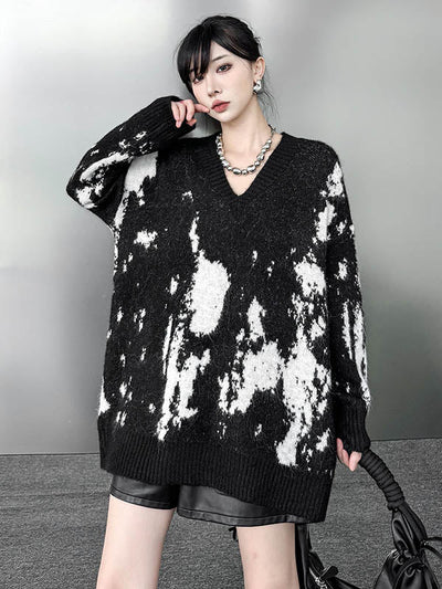 Long Sleeves Loose Abstract Printed Contrast Color Ribs Split-Joint V-Neck Sweater Tops