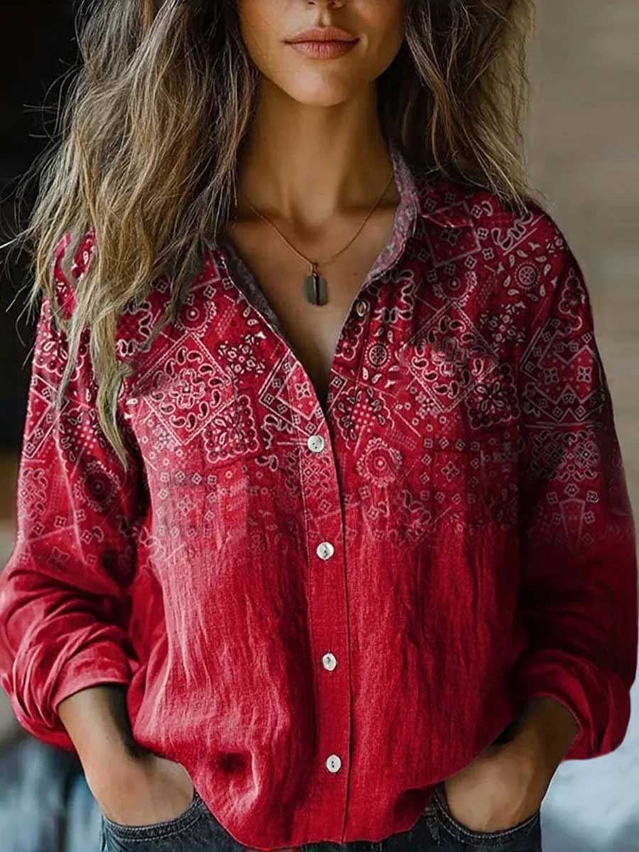 Long Sleeves Loose Buttoned Contrast Color Printed Split-Joint Lapel Blouses&Shirts Tops