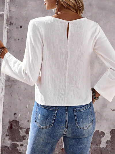 Long Sleeves Buttoned Solid Color Split-Front Round-Neck T-Shirts Tops