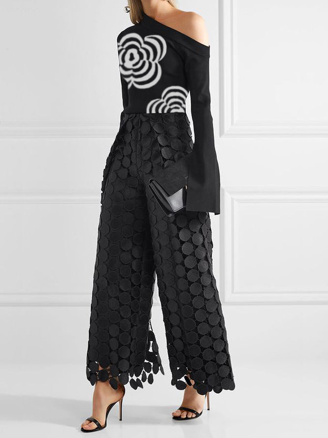 Long Sleeves Loose Flower Print One-Shoulder T-Shirts Tops