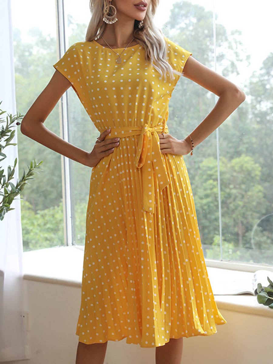 A-Line Cap Sleeve Buttoned Contrast Color Pleated Polka-Dot Split-Joint Tied Waist Round-Neck Midi Dresses