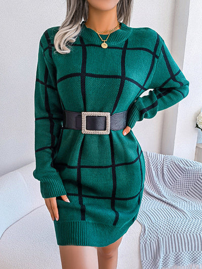 Elasticated Waist Long Sleeves Belted Contrast Color Plaid Round-Neck Mini Dresses Sweater Dresses
