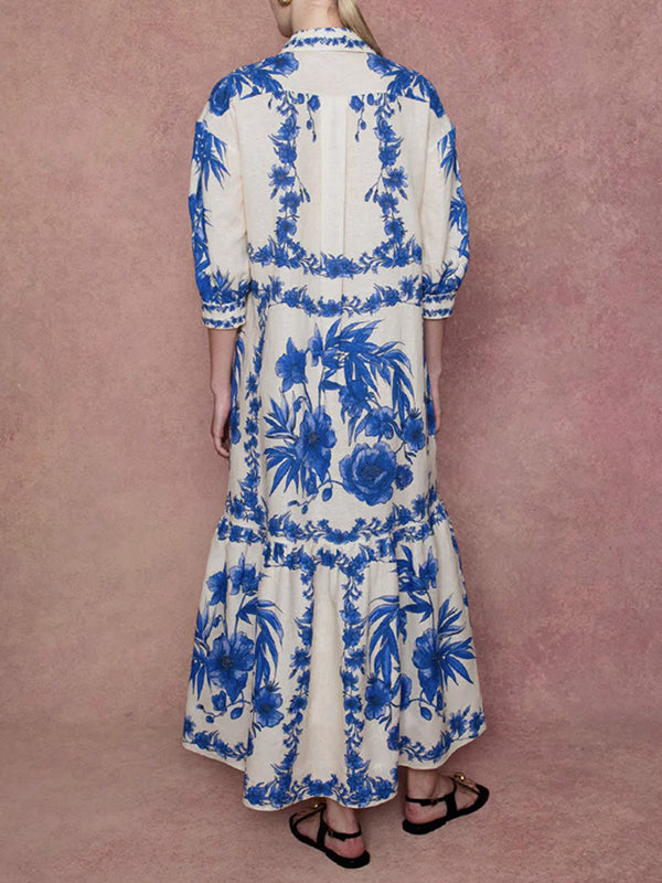 Loose Puff Sleeves Floral Printed Pleated Split-Joint Tied Waist Lapel Maxi Dresses Shirt Dress