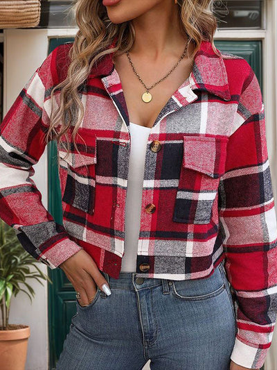 Long Sleeves Loose Buttoned Plaid Pockets Split-Joint Lapel Jackets Outerwear