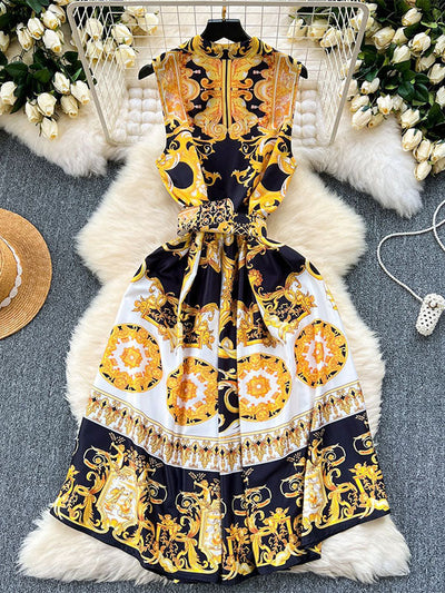 Sleeveless Belt Buckle Buttoned Contrast Color Floral Printed Midi Dresses