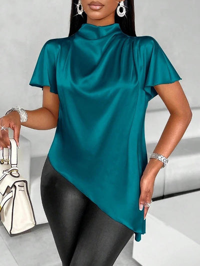 Loose Short Sleeves Asymmetric Solid Color Mock Neck Blouses&Shirts Tops