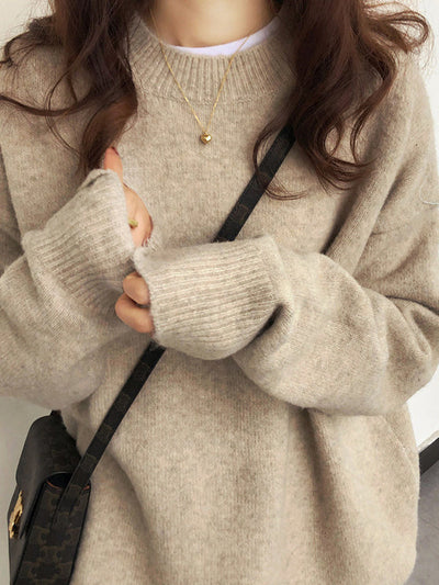 Simple Loose Long Sleeves Round-Neck Sweater Tops Pullovers