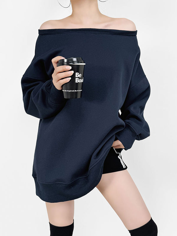 Long Sleeves Loose Solid Color Split-Joint Round-Neck Sweatshirt Tops