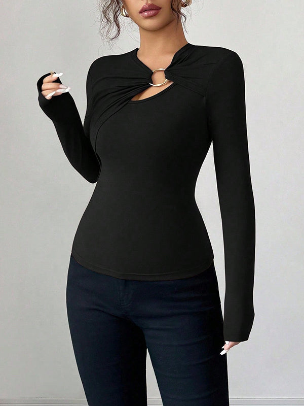 Long Sleeves Skinny Solid Color Split-Joint Asymmetric Collar T-Shirts