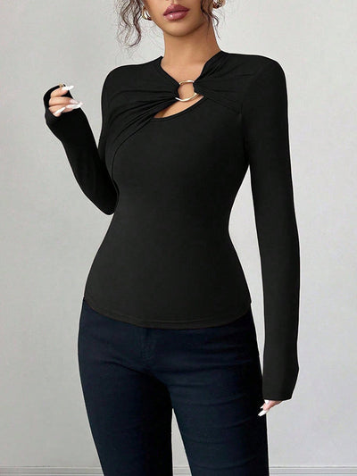 Long Sleeves Skinny Solid Color Split-Joint Asymmetric Collar T-Shirts