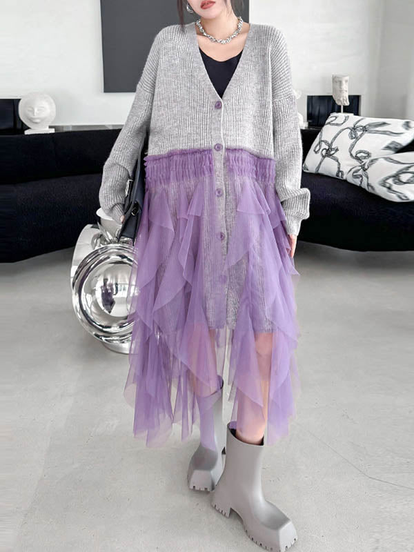 High-Low Irregularity Buttoned Contrast Color Mesh Pleated Ribs Split-Joint Collarless Cardigan Tops Outerwear