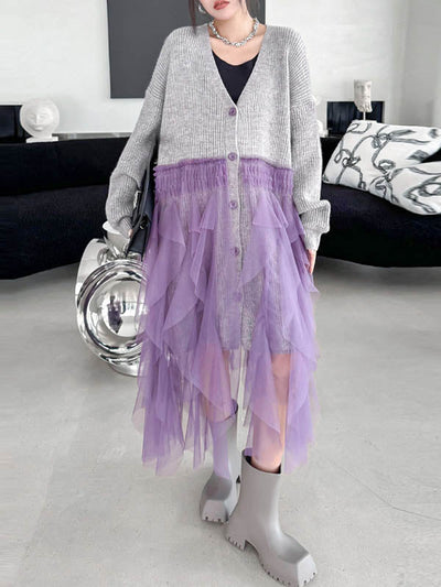 High-Low Irregularity Buttoned Contrast Color Mesh Pleated Ribs Split-Joint Collarless Cardigan Tops Outerwear