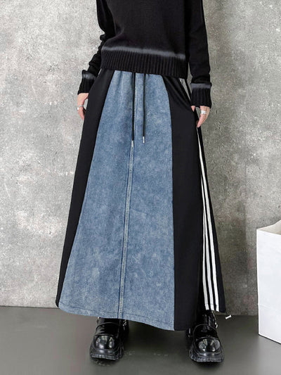 A-Line Loose Contrast Color Drawstring Split-Joint Striped Skirts Bottoms