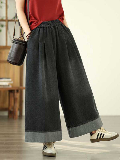 Loose Wide Leg Elasticity Pleated Pockets Jean Pants Bottoms Trousers