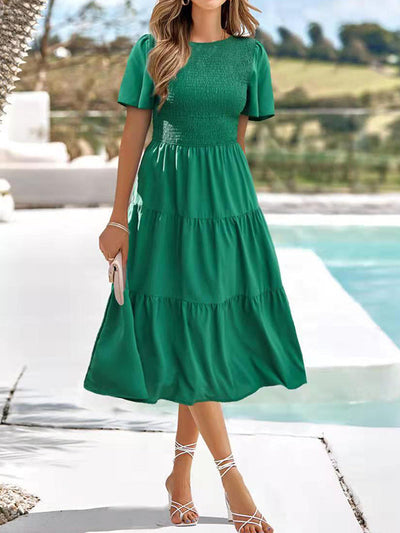 High Waisted Loose Elasticity Pleated Solid Color Split-Joint Round-Neck Midi Dresses