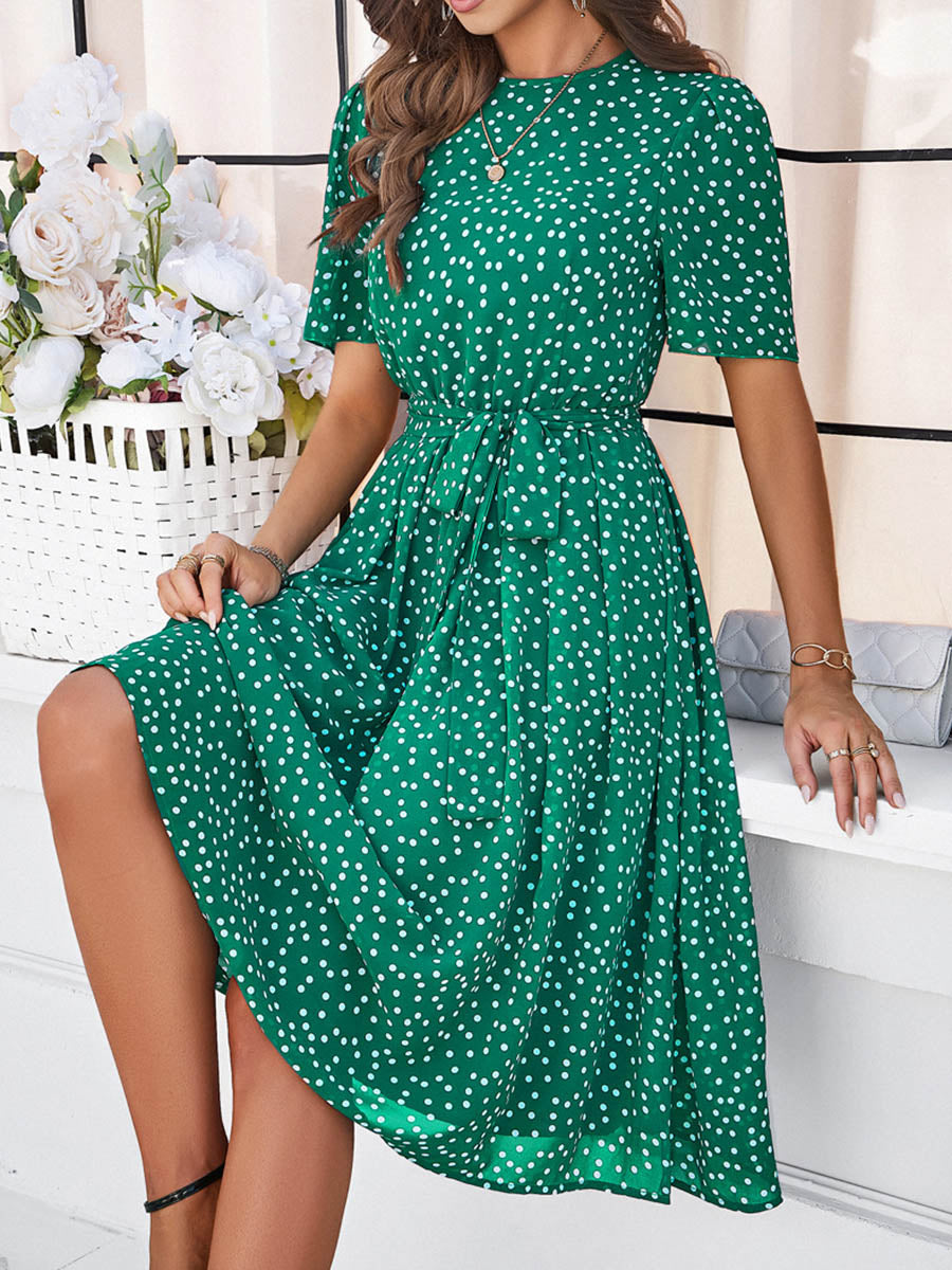 A-Line Elasticated Waist Contrast Color Polka Dot Split-Joint Tied Waist Round-Neck Midi Dresses