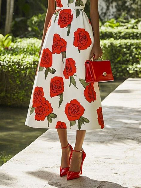 Skinny Sleeveless Flower Print Stand Collar Midi Dresses
