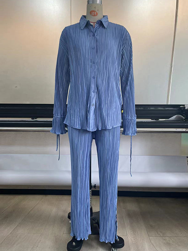 Flared Sleeves Long Sleeves Buttoned Drawstring Pleated Solid Color Split-Side Lapel Shirts Top + Pants Bottom Pajama Sets