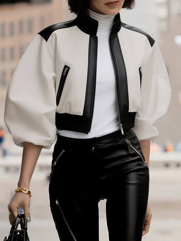 Puff Sleeves Contrast Color Split-Joint Zipper Stand Collar Jackets&Coats