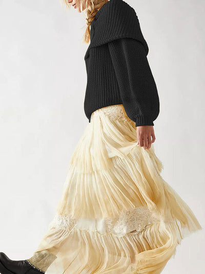 Long Sleeves Loose Solid Color Split-Joint Round-Neck Sweater Tops