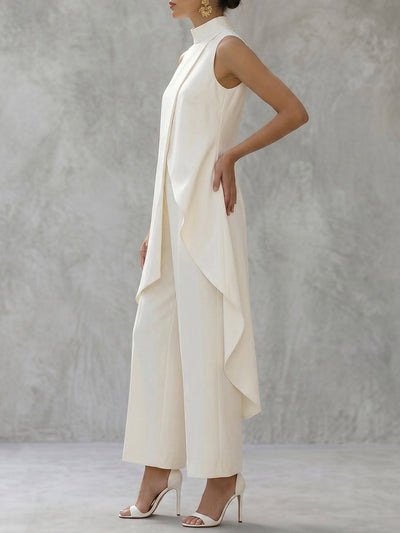 Solid Color Mock Neck High-Low Blouses&Shirts Tops + High Waisted Pants Trousers Two Pieces Set