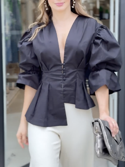 High-Low Puff Sleeves Asymmetric Buttoned Solid Color Deep V-Neck Blouses&Shirts Tops