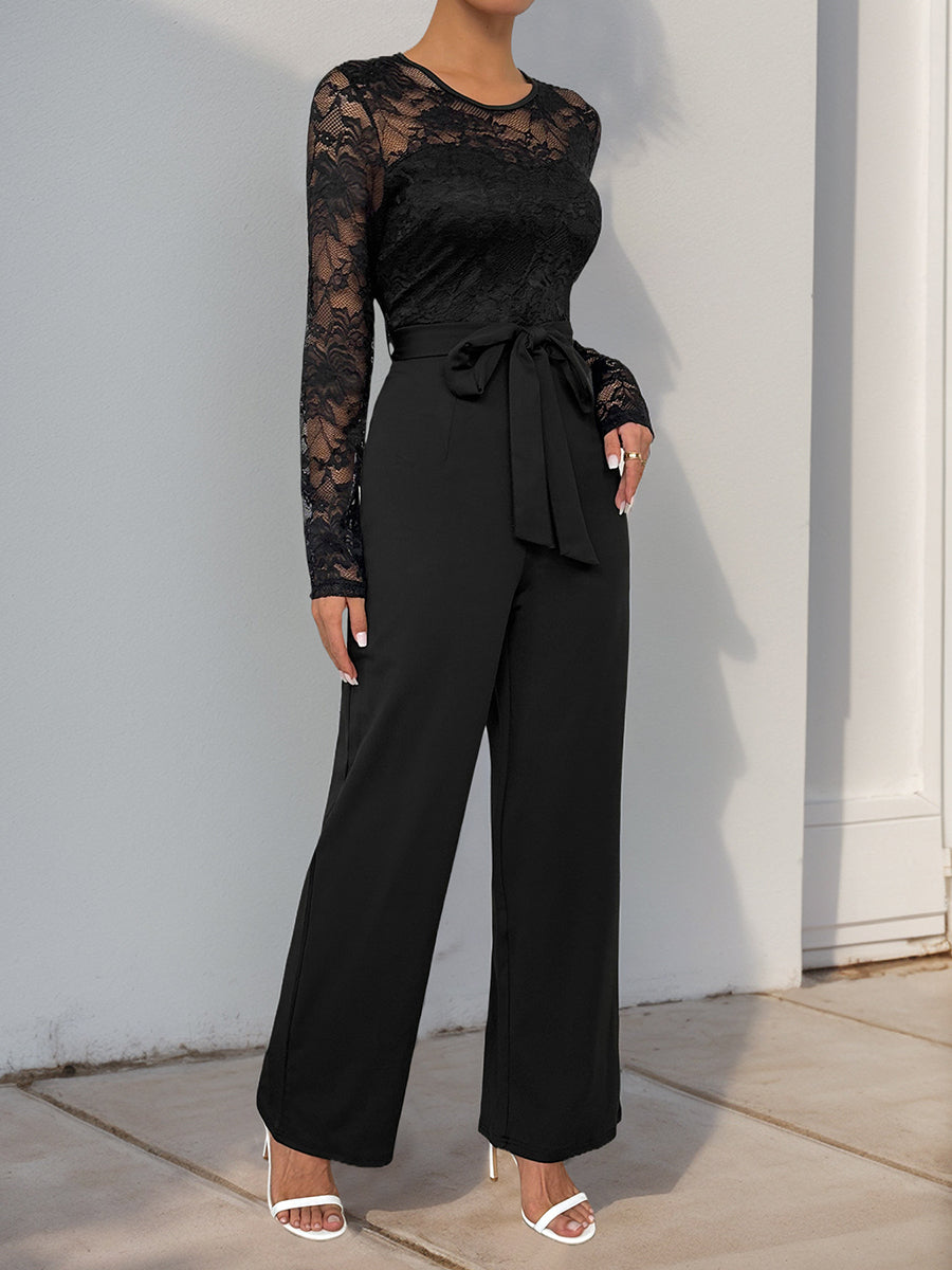 Column High Waisted See-Through Solid Color Split-Joint Tied Waist Round-Neck Jumpsuits