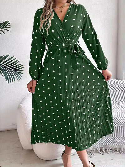 High Waisted Long Sleeves Pleated Polka Dot Tied Waist V-Neck Maxi Dresses Shirt Dress