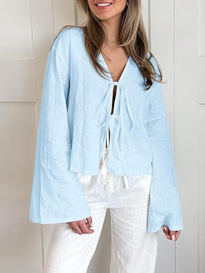 Lace-Up Solid Color V-Neck Blouses&Shirts Tops