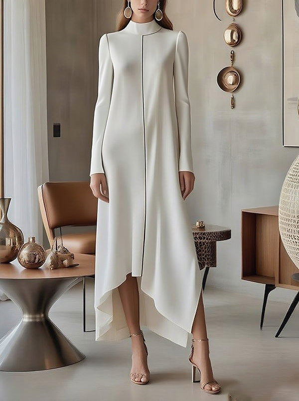 Long Sleeves Solid Color Split-Joint Mock Neck Maxi Dresses