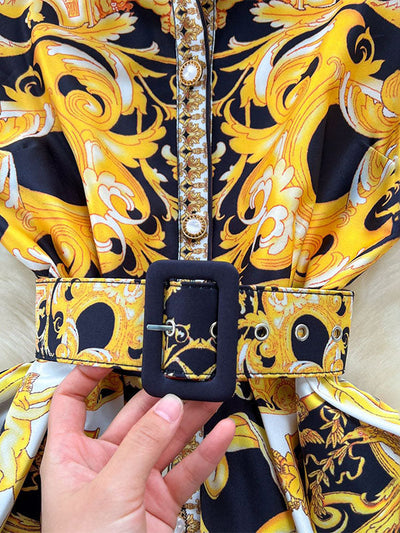 Sleeveless Belt Buckle Buttoned Contrast Color Floral Printed Midi Dresses