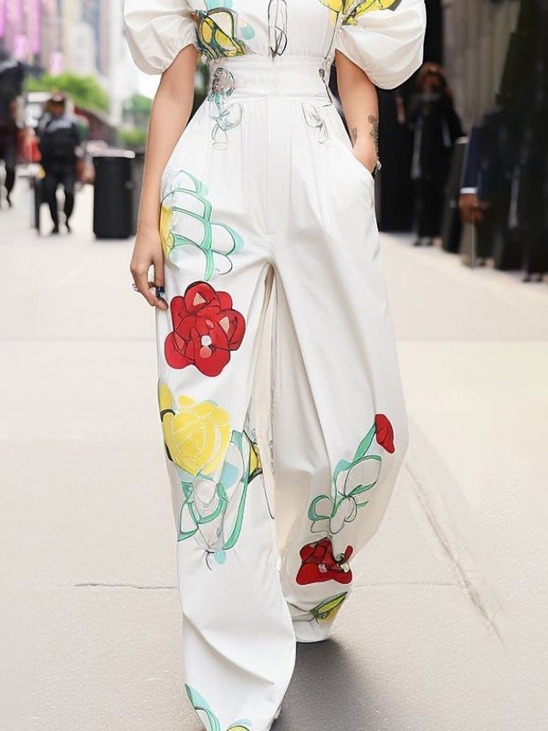 High Waisted Wide Leg Flower Print Pleated Pockets Pants Trousers