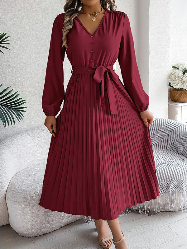 High Waisted Long Sleeves Belted Buttoned Pleated Solid Color V-Neck Maxi Dresses